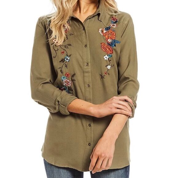 Jessica Simpson Tops - Jessica Simpson Burnt Olive Pearl Floral Embroidered Long Sleeve Button Down Top